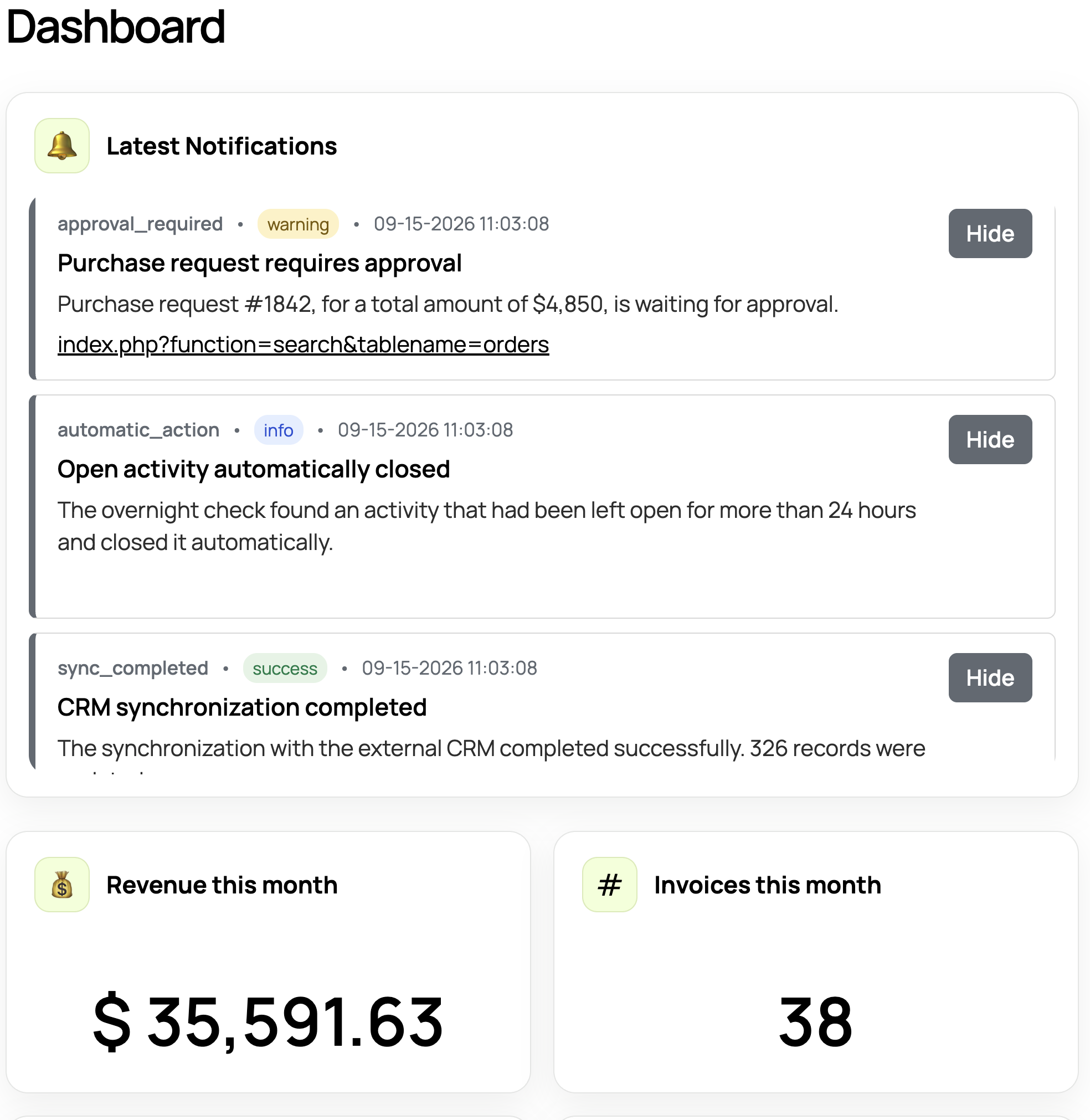 Notifications embedded in homepage