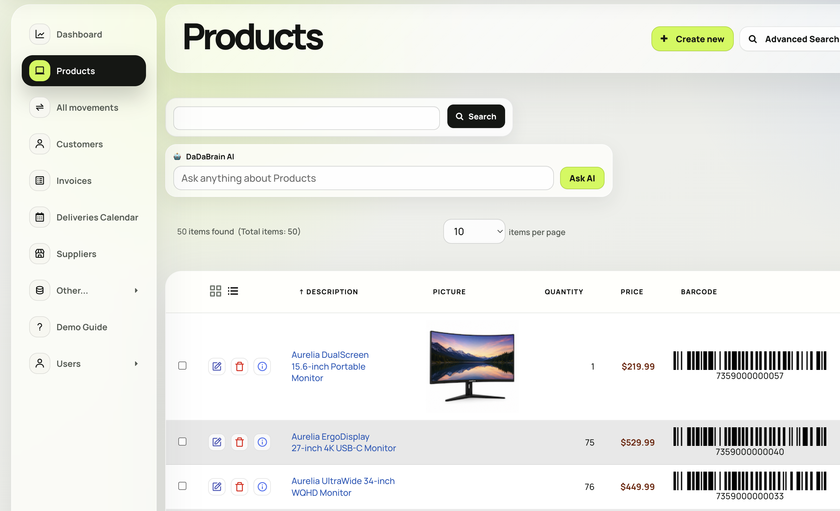 Inventory product grid in the DaDaBIK inventory management demo